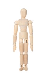 Photo of Wooden human model isolated on white. Mini mannequin