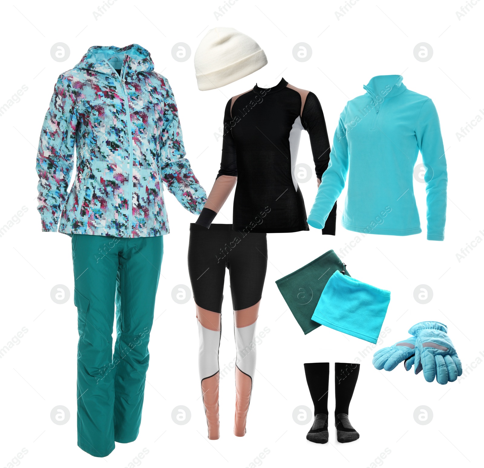 Image of Collection of stylish winter sports clothes on white background