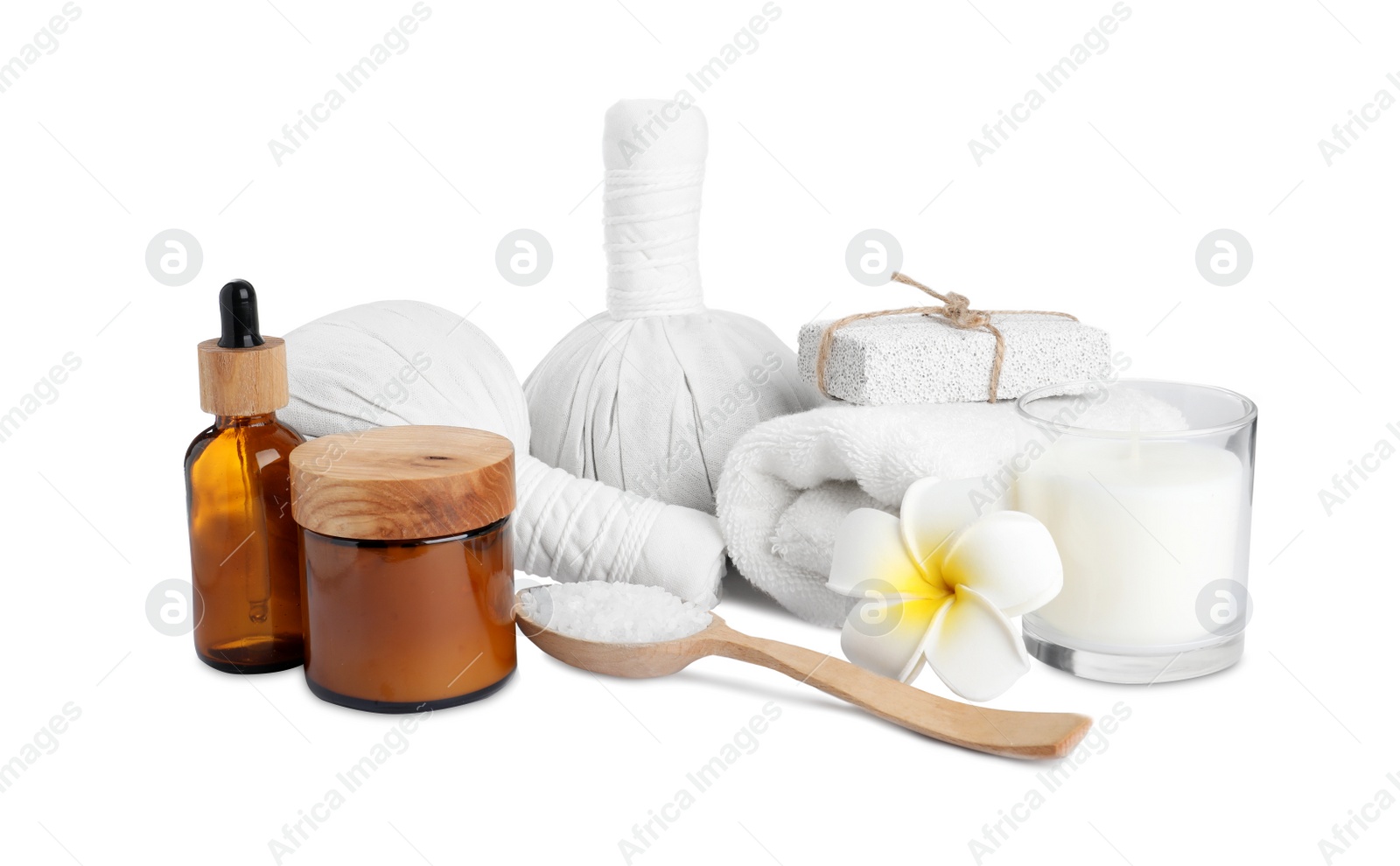 Photo of Beautiful spa composition with different care products isolated on white