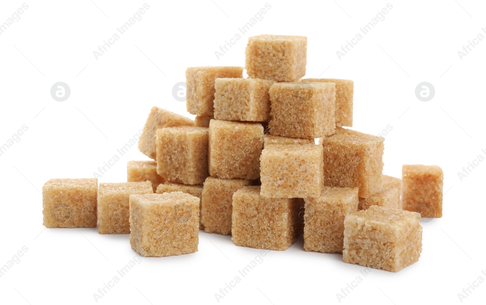 Photo of Pile of cubes with brown sugar on white background
