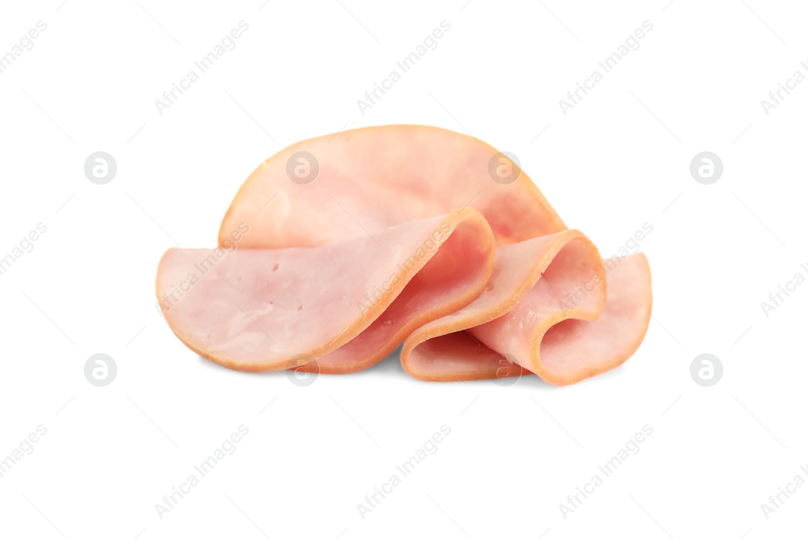 Photo of Slices of tasty fresh ham isolated on white