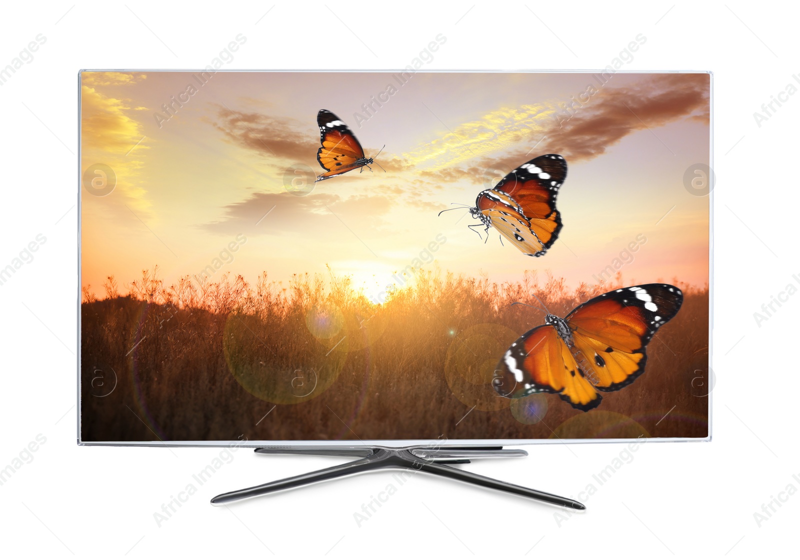 Image of Modern wide screen TV monitor showing beautiful landscape, isolated on white