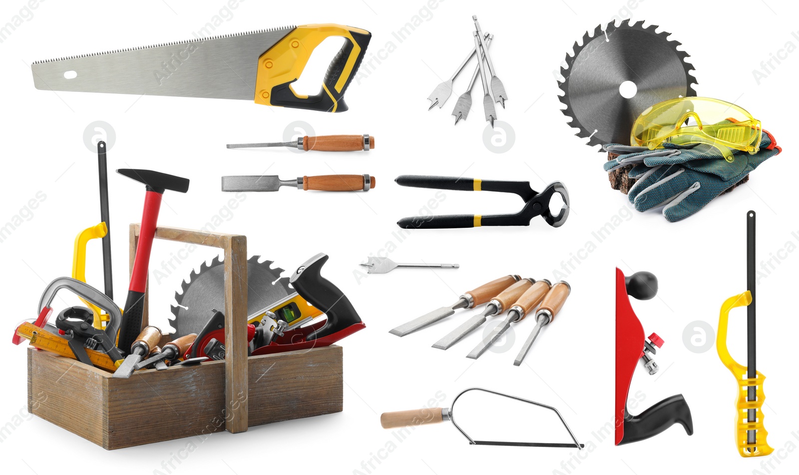 Image of Collage with different modern carpenter's tools on white background