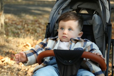 Photo of Cute little child in stroller outdoors. Autumn season