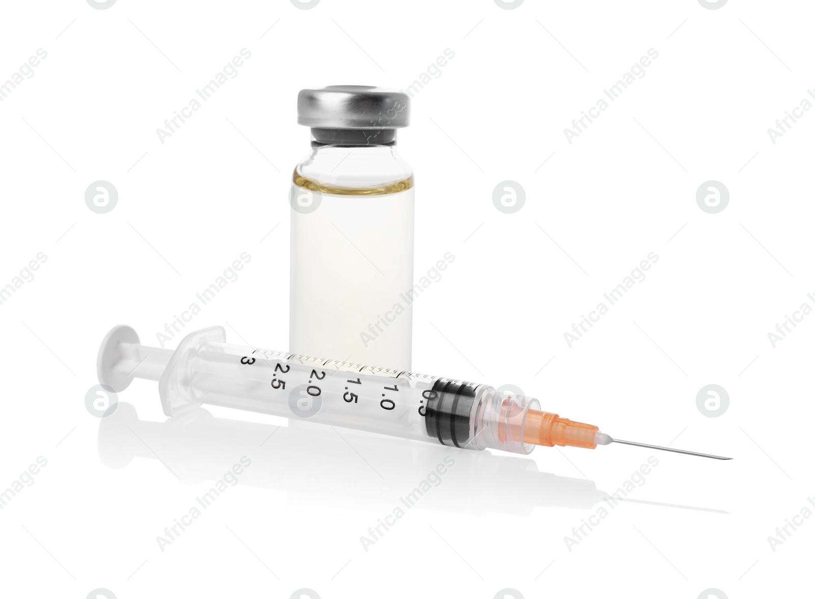 Photo of Disposable syringe with needle and vial isolated on white