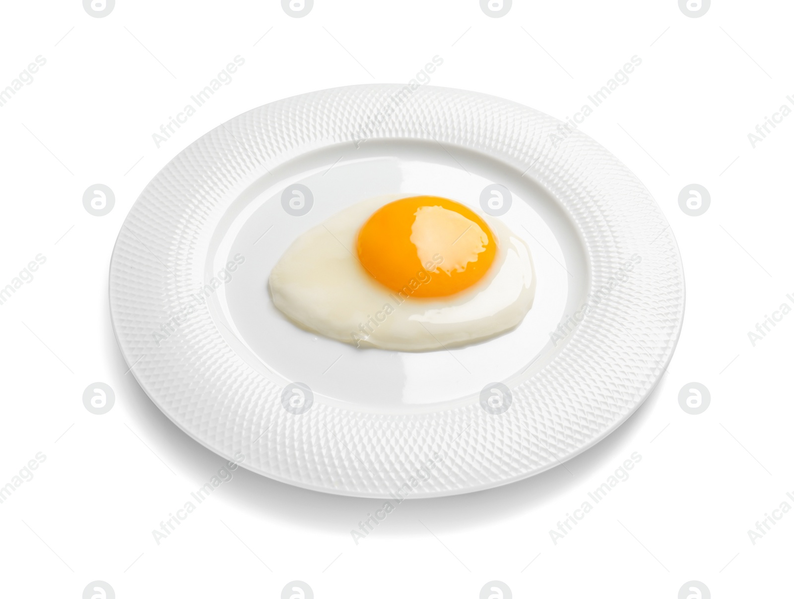 Photo of Plate with tasty fried egg isolated on white