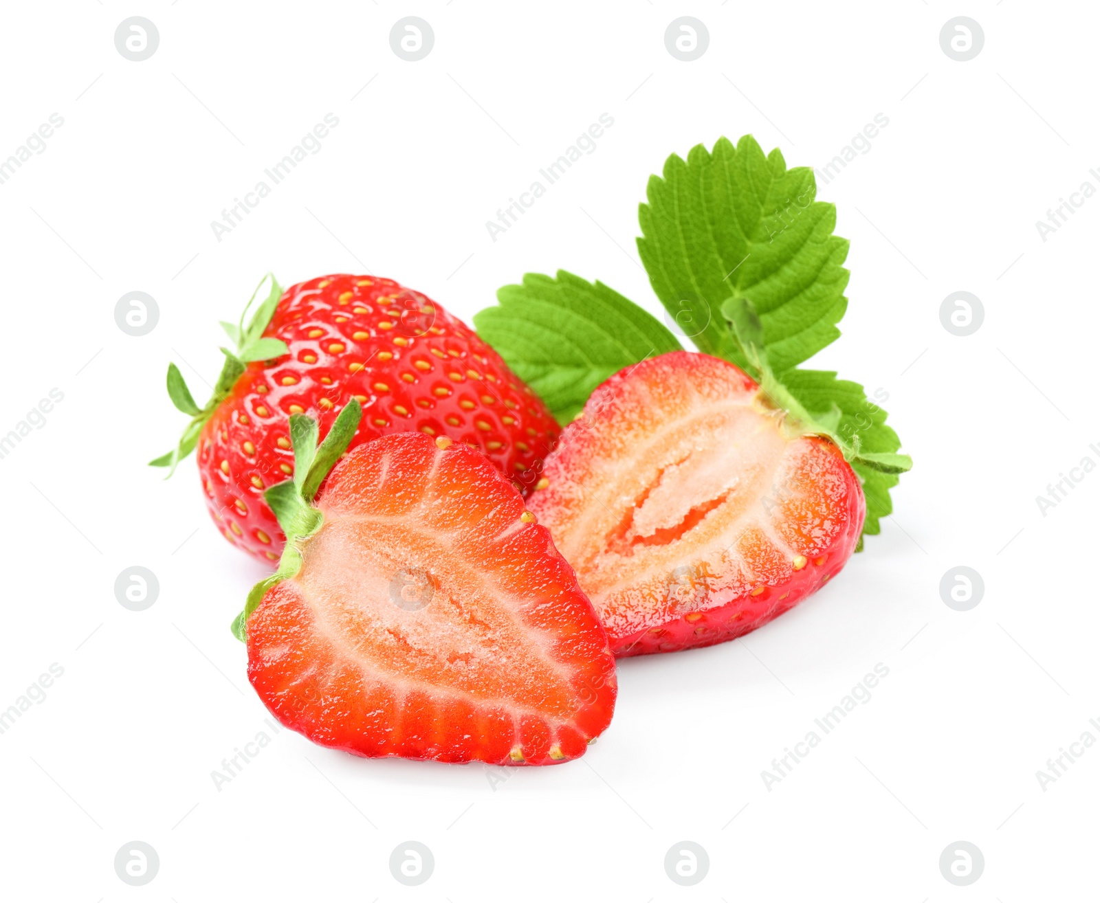 Photo of Delicious fresh red strawberries and green leaf on white background