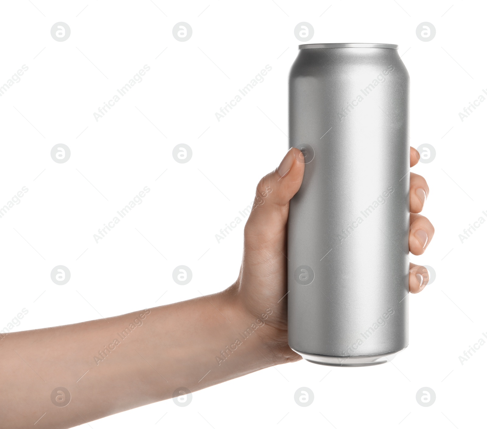 Photo of Woman holding aluminum can on white background, closeup