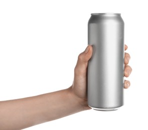 Woman holding aluminum can on white background, closeup