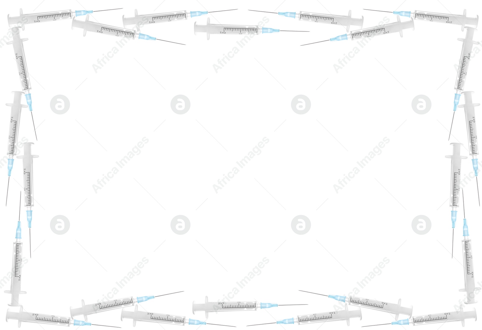 Image of Frame made of disposable syringes on white background, top view. Medical equipment