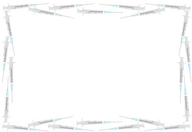 Frame made of disposable syringes on white background, top view. Medical equipment