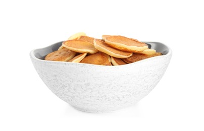Photo of Delicious mini pancakes cereal on white background