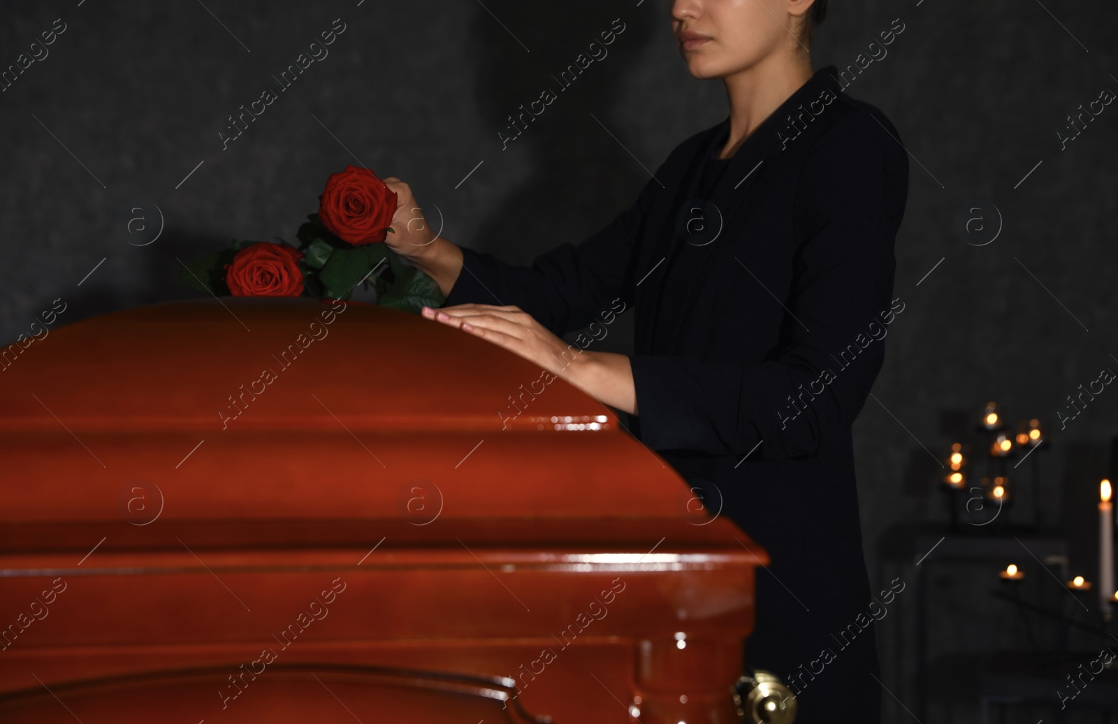 Photo of Young woman putting red rose onto casket lid in funeral home, closeup