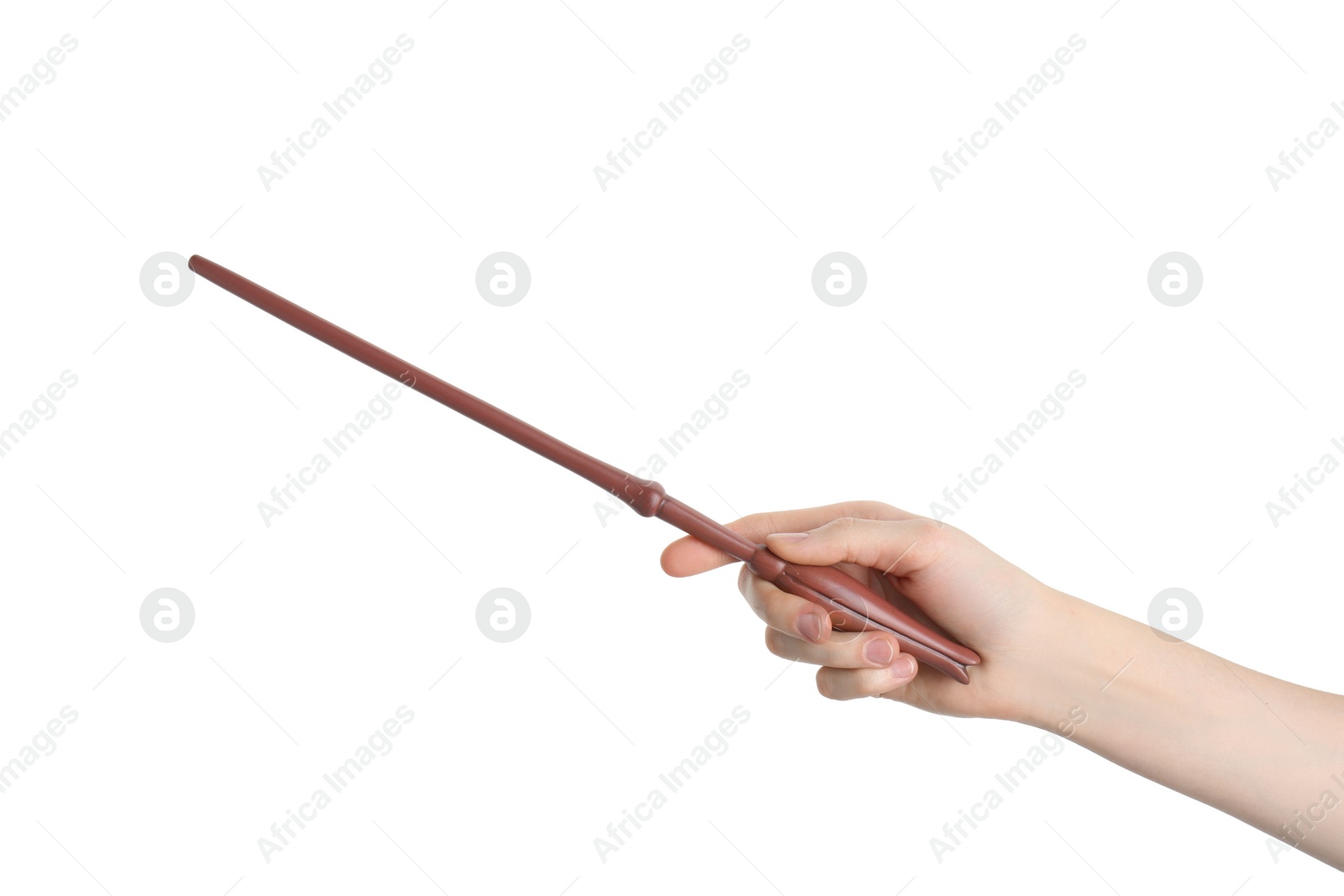 Photo of Woman holding magic wand on white background, closeup