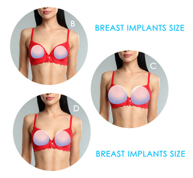 Collage with photos of woman demonstrating different implant sizes for breast on white background, closeup