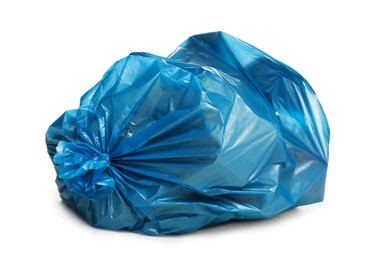 Blue trash bag filled with garbage isolated on white