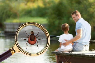 Image of Seasonal hazard of outdoor recreation. Dad and son fishing together on pier. Illustration of magnifying glass with tick, selective focus