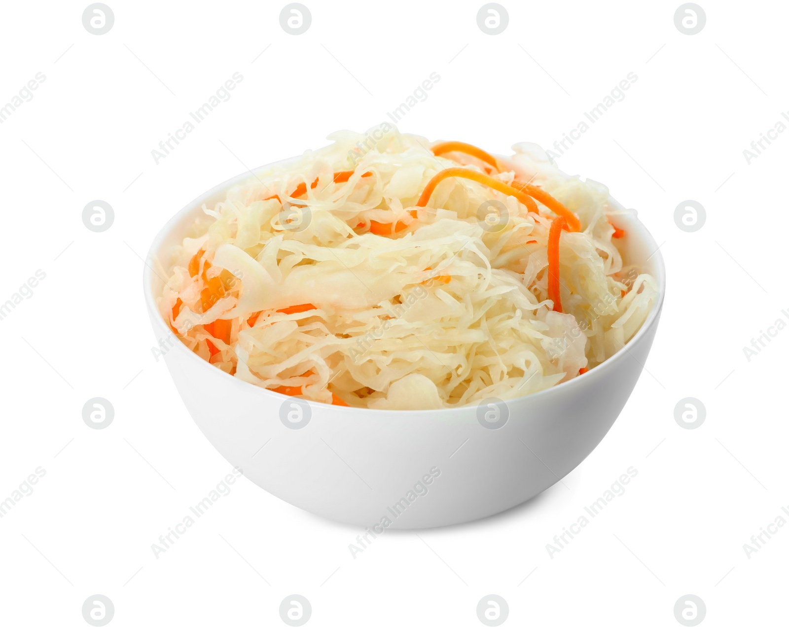 Photo of Bowl of tasty fermented cabbage isolated on white