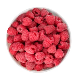 Bowl of delicious fresh ripe raspberries on white background, top view