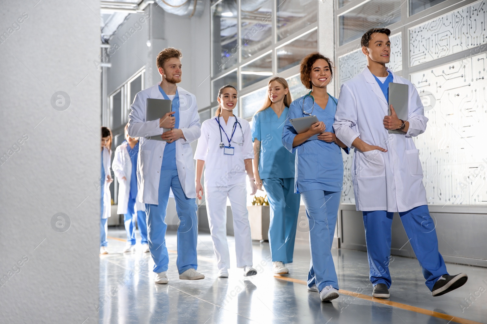 Photo of Group of medical students in college hallway