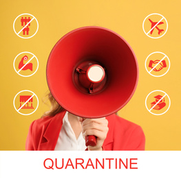 Woman with megaphone on yellow background. Hold on quarantine rules during coronavirus outbreak