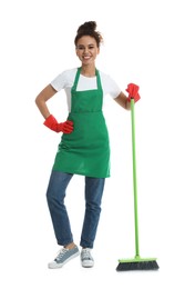 African American woman with green broom on white background