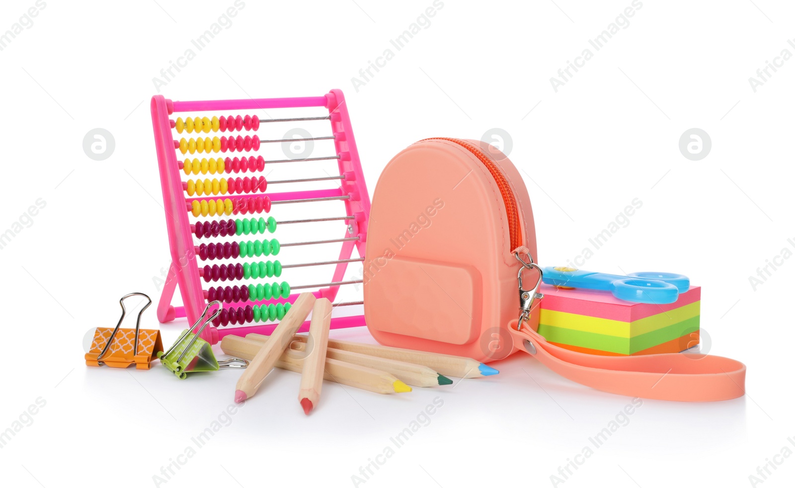 Photo of Different colorful stationery on white background. Back to school