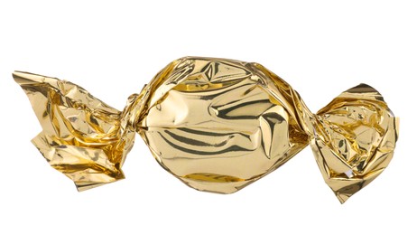 Photo of Candy in golden wrapper isolated on white