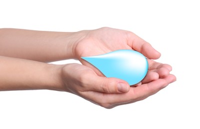 Woman holding image of water drop on white background, closeup