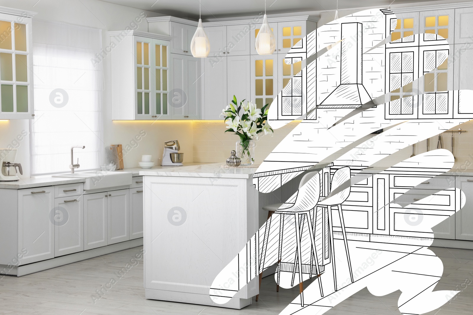 Image of From idea to realization. Stylish kitchen interior with white furniture. Collage of photo and sketch