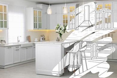 From idea to realization. Stylish kitchen interior with white furniture. Collage of photo and sketch