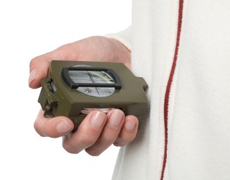 Photo of Woman holding compass on white background, closeup