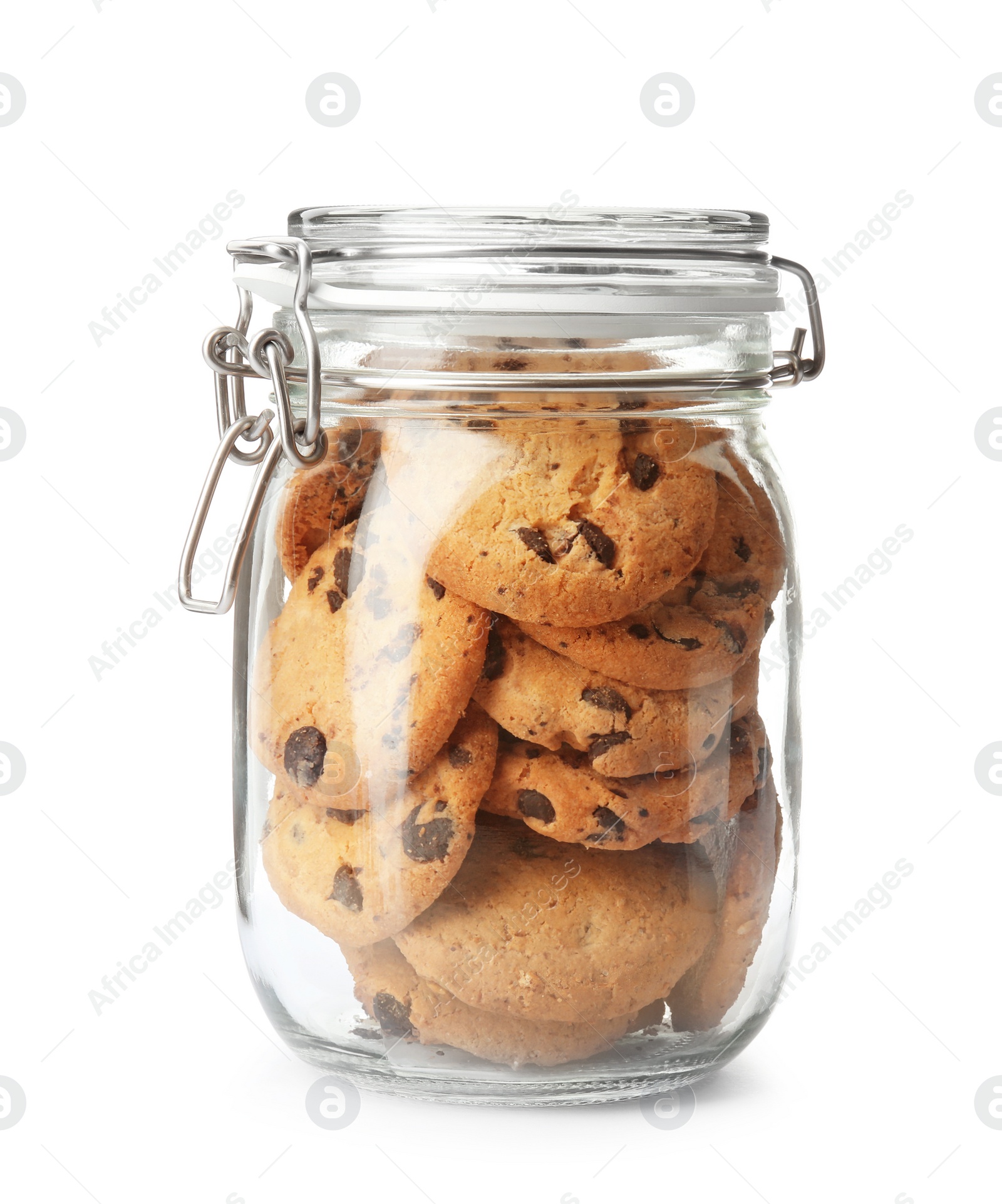 Photo of Jar with tasty chocolate chip cookies on white background