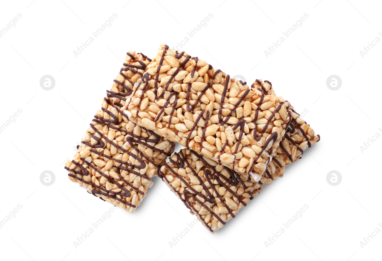 Photo of Delicious rice crispy treats isolated on white, top view