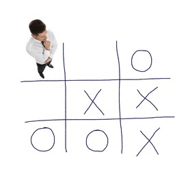 Image of Man and illustration of tic-tac-toe game on white background, above view. Business strategy concept 