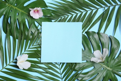 Photo of Flat lay composition with tropical leaves and Hibiscus flowers on blue background. Space for text