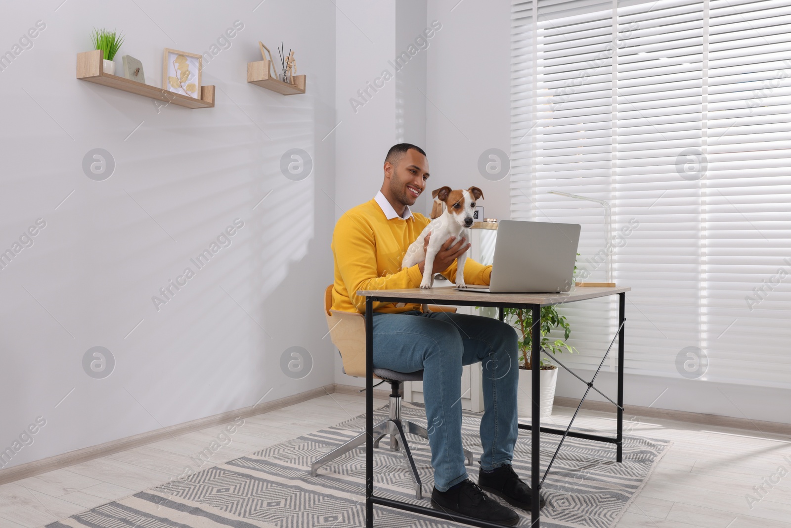 Photo of Young man with Jack Russell Terrier working at desk in home office