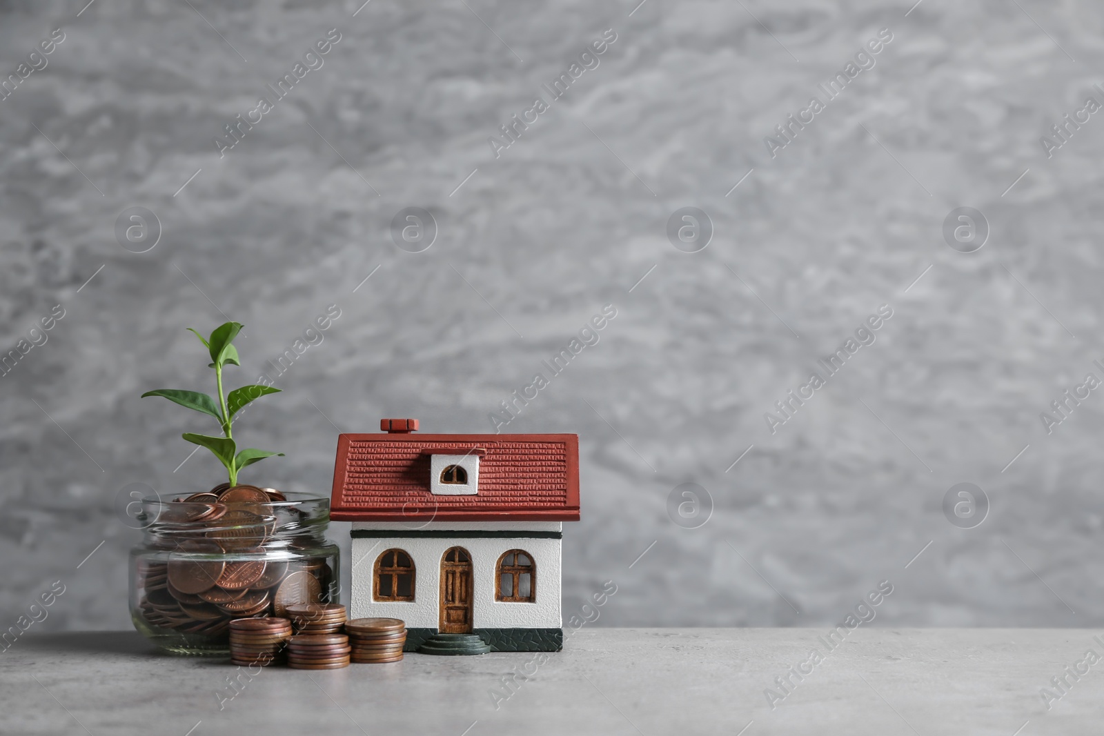 Photo of House model, jar with coins and plant on table against grey background. Space for text