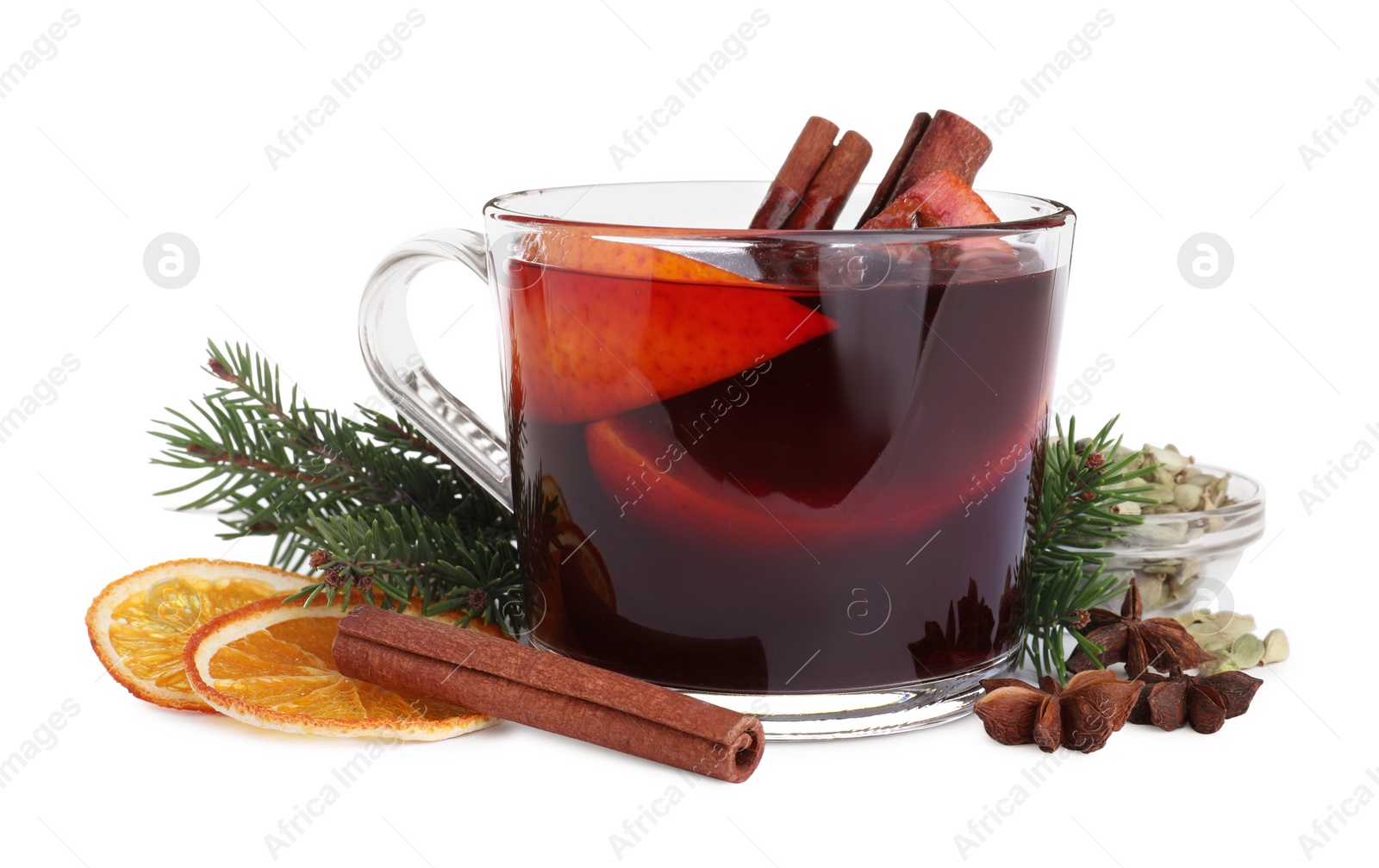 Photo of Aromatic mulled wine and ingredients on white background