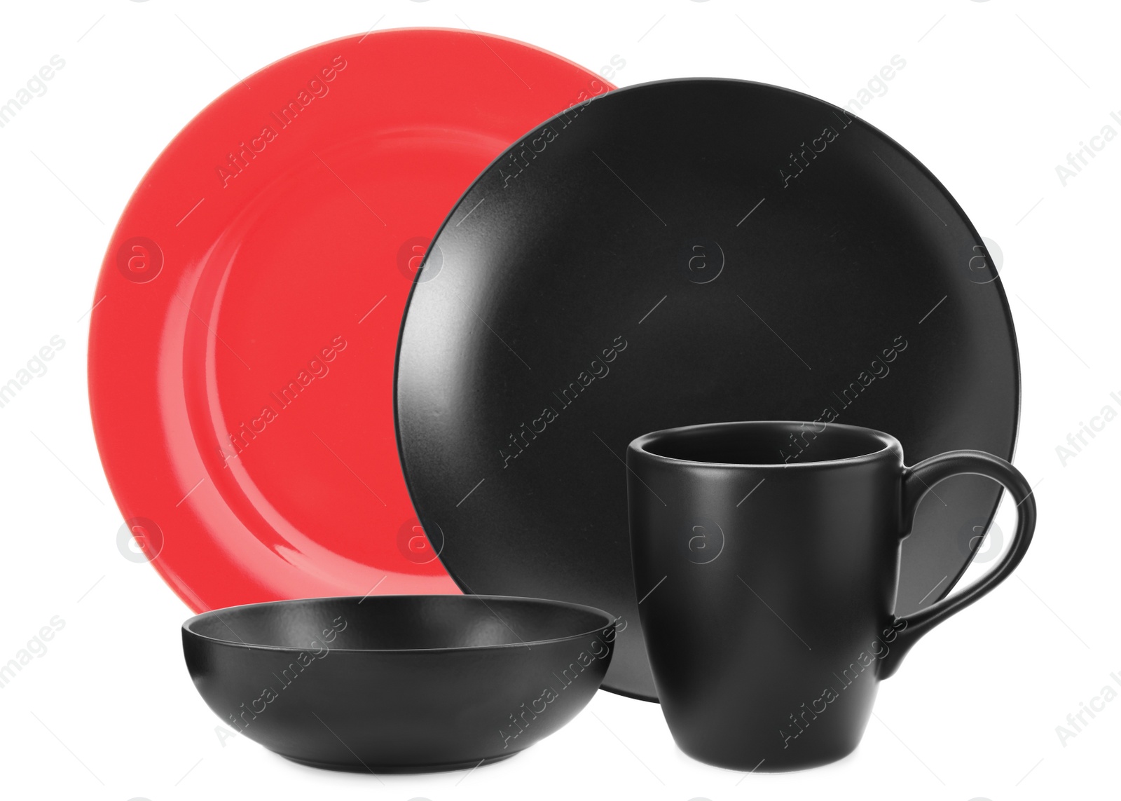 Image of Set of beautiful ceramic dinnerware on white background