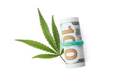 Hemp leaf and rolled money on white background, top view