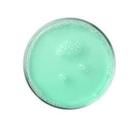 Photo of Petri dish with turquoise liquid sample on white background, top view