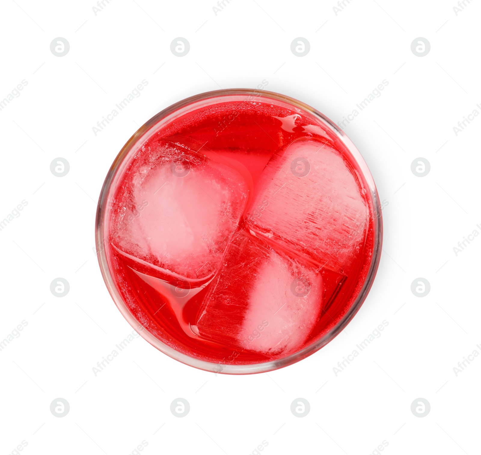 Photo of Glass of red soda water with ice cubes isolated on white, top view