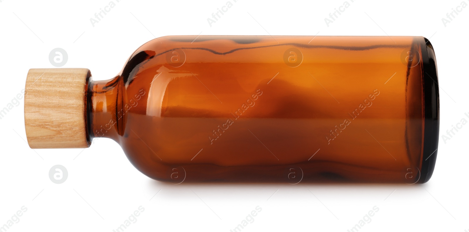 Photo of New empty glass bottle with wooden cap isolated on white