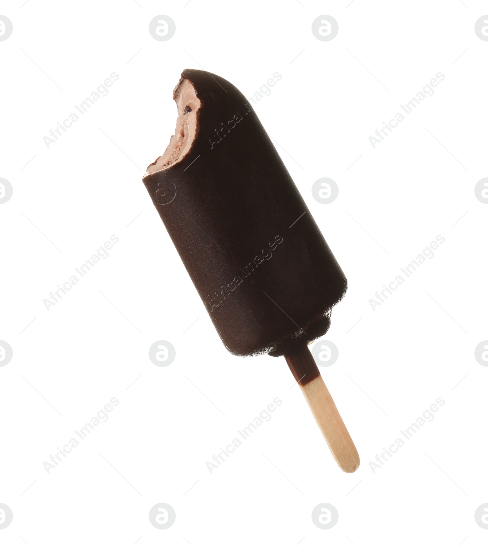 Photo of Woman holding delicious ice cream with chocolate against white background