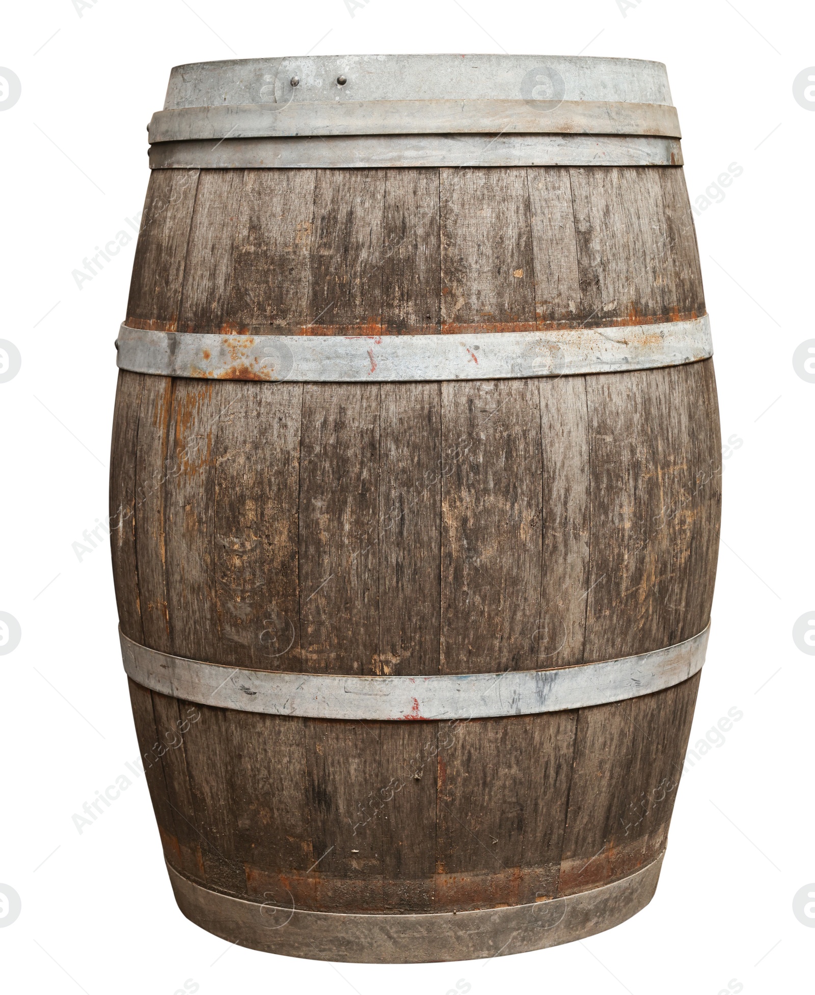 Image of One wooden barrel with metal hoops isolated on white