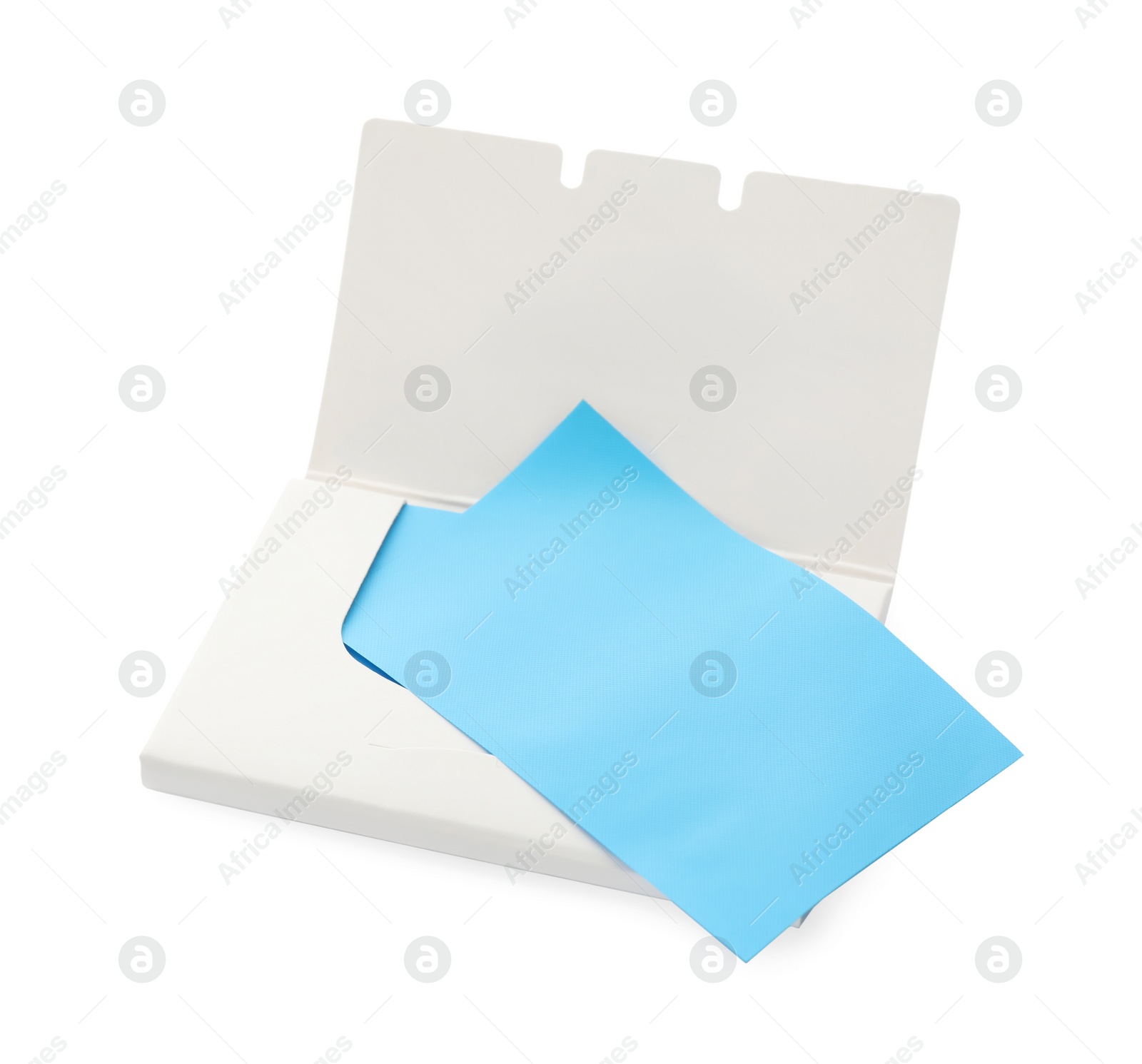 Photo of Open package of facial oil blotting tissues on white background