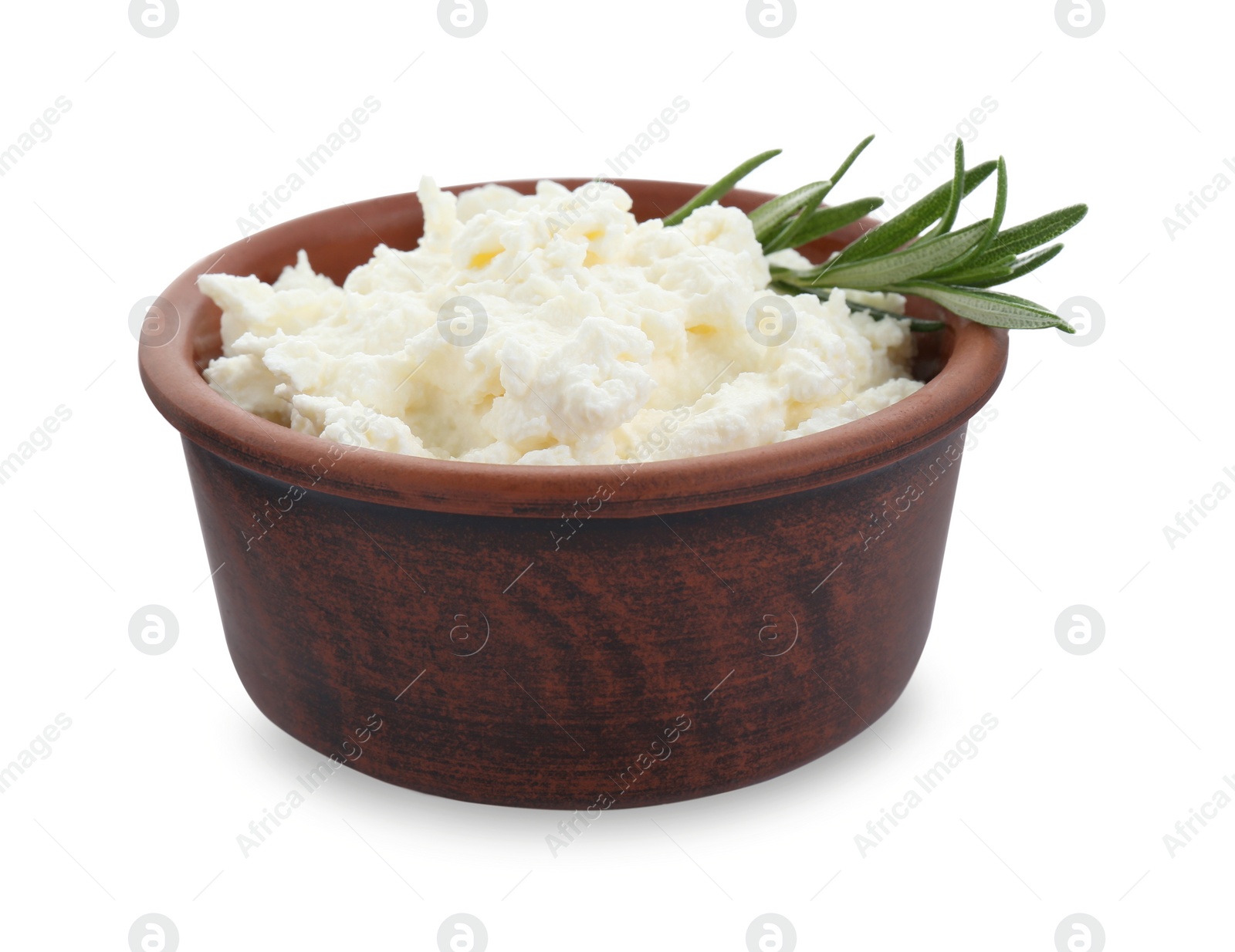 Photo of Delicious tofu cream cheese with rosemary in bowl isolated on white