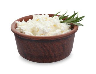 Photo of Delicious tofu cream cheese with rosemary in bowl isolated on white