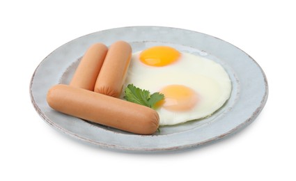 Delicious boiled sausages, fried eggs and parsley isolated on white